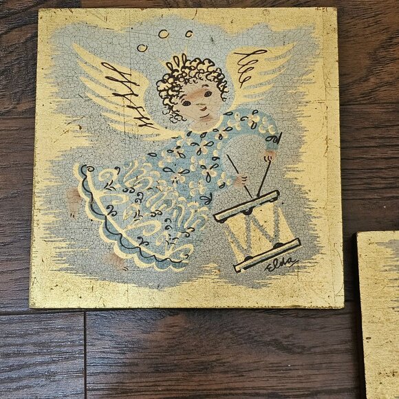 Holiday Folk Art Angel Wooden Wall Hanging 8" gold blue cherub handpainted (2) - Picture 2 of 9